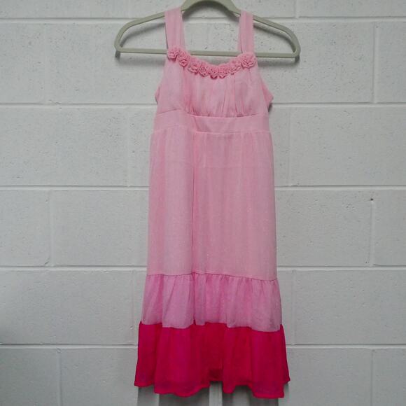 Justice Dress Girl's Size 14 Pink Shimmer Sleeveless Lined Rosettes Layered - Picture 2 of 7